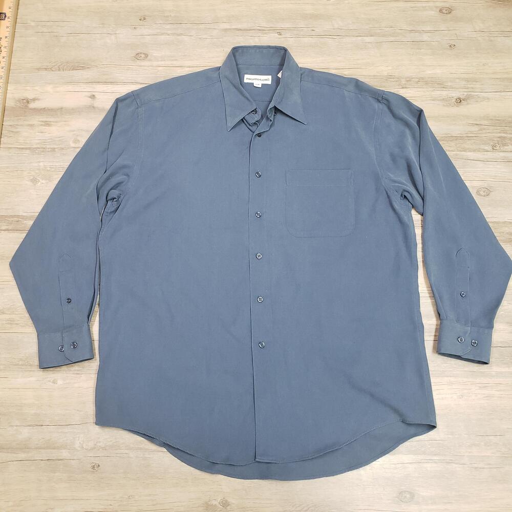 Pronto Uomo Shirt Mens L Blue Solid Tencel Blend Long Sleeve Dress Button Up